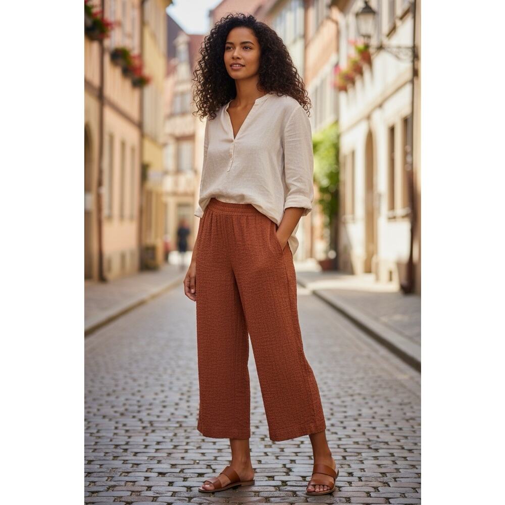 Athleta Echo Wide Leg Crop Pants Woman's Size 12 Orange Ribbed Stretchy Pockets - Picture 1 of 10